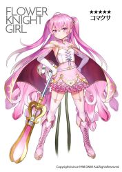 Rule 34 | 1girl, boots, cape, character name, copyright name, corset, cross-laced footwear, elbow gloves, expressionless, flower, flower knight girl, frilled skirt, frills, full body, gloves, gold trim, halterneck, hands on own hips, knee boots, komakusa (flower knight girl), lace-up boots, long hair, looking at viewer, matanonki, name connection, object namesake, official art, pink cape, pink eyes, pink footwear, pink hair, pink skirt, skirt, solo, staff, standing, star (symbol), thigh strap, thighhighs, thighhighs under boots, twintails, two side up, white background, white gloves, white thighhighs