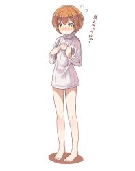 Rule 34 | 10s, 1girl, barefoot, blush, cleavage cutout, clothing cutout, flat chest, full body, hoshizora rin, love live!, love live! school idol project, meme attire, open-chest sweater, orange hair, ribbed sweater, shipii (jigglypuff), short hair, simple background, solo, standing, sweater, translation request, turtleneck, white background, yellow eyes