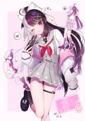 Rule 34 | ..., 1girl, :3, ?, absurdres, ahoge, backpack, bag, black hair, black ribbon, black socks, blush, book, cardigan, chichikakao puppy, closed mouth, commentary, english commentary, eyeshadow, food, food in mouth, full body, grey sailor collar, grey skirt, hair ornament, hair ribbon, hairclip, head tilt, heart, highres, holding, holding book, holding phone, loafers, long hair, long sleeves, looking at viewer, low twintails, makeup, multicolored hair, multiple views, narrow waist, neckerchief, nijisanji, o-ring, o-ring thigh strap, one eye closed, phone, pink eyeshadow, pleated skirt, ponytail, popsicle, popsicle in mouth, rabbit hair ornament, reading, red eyes, red neckerchief, ribbon, sailor collar, school uniform, serafuku, shirt, shoes, simple background, sitting, skindentation, skirt, smartphone case, smile, socks, speech bubble, split-color hair, standing, streaked hair, thigh gap, thigh strap, thighs, twintails, two-tone hair, two side up, very long hair, virtual youtuber, walking, white background, white hair, white ribbon, white shirt, x hair ornament, yorumi rena, yorumi rena (9th costume)