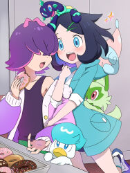 Rule 34 | 2girls, :d, black hair, cardigan, coat, commentary request, creatures (company), dot (pokemon), doughnut, eyelashes, food, game freak, gen 8 pokemon, green coat, hair ornament, hairclip, hatenna, highres, hood basket, indoors, liko (pokemon), marie (marie cookie222), multiple girls, nintendo, off shoulder, open mouth, pokemon, pokemon (anime), pokemon (creature), pokemon horizons, purple cardigan, purple hair, quaxly, shirt, smile, sprigatito, tank top, teeth, terapagos, tongue, upper teeth only, white shirt