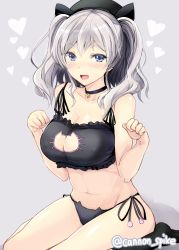Rule 34 | 10s, 1girl, bell, black bra, black panties, blue eyes, blush, bra, breasts, cat cutout, cat ear panties, cat lingerie, cleavage, cleavage cutout, clothing cutout, collar, collarbone, covered erect nipples, gin&#039;ichi (akacia), hat, heart, jingle bell, kantai collection, kashima (kancolle), large breasts, long hair, looking at viewer, meme attire, navel, neck bell, open mouth, panties, paw pose, side-tie panties, silver hair, simple background, sitting, solo, twintails, twitter username, underwear, underwear only, wariza