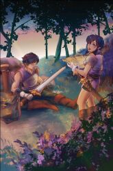 Rule 34 | 1boy, 1girl, armor, backpack, bag, black hair, boots, breastplate, brother and sister, bush, closed eyes, fire emblem, fire emblem: genealogy of the holy war, gloves, grass, haoukno, highres, holding, holding sword, holding weapon, larcei (fire emblem), map, nintendo, open mouth, outdoors, purple tunic, rock, scathach (fire emblem), sheath, sheathed, short hair, shoulder armor, siblings, sidelocks, sitting, sword, tree, tunic, twilight, twins, weapon
