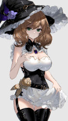 Rule 34 | 1girl, absurdres, alternate costume, bare shoulders, belt, black thighhighs, breasts, brooch, brown hair, closed mouth, clothing request, commentary, covered navel, cowboy shot, expressionless, flower, frilled hat, frills, garter straps, genshin impact, glint, green eyes, grey background, hair between eyes, hat, hat flower, highres, jewelry, large breasts, lisa (genshin impact), looking at viewer, medium hair, raiya atelier, rose, simple background, sketch, skirt hold, solo, standing, thigh gap, thighhighs, thighs, witch hat