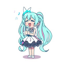 Rule 34 | 1girl, blue archive, blue hair, blue halo, bow, dress, flower, full body, hair bow, halo, hatsune miku, highres, holding, holding microphone, microphone, shoes, sleeveless, sleeveless dress, solo, washin, white bow, white dress, white flower