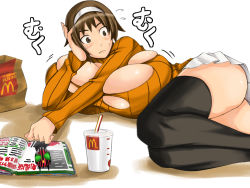 Rule 34 | 1girl, ass, blush, breast expansion, breast rest, breasts, brown eyes, brown hair, bursting breasts, fast food, female focus, gigantic breasts, hairband, headband, huge breasts, kamen rider, kamen rider decade, lying, mcdonald&#039;s, miniskirt, on side, original, plump, product placement, short hair, skirt, smile face (ace-of-smile), solo, surprised, thighhighs, torn clothes, undersized clothes