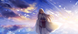 Rule 34 | 1girl, cape, cloud, day, highres, long hair, outdoors, pixiv fantasia, pixiv fantasia age of starlight, purple empress ranrei, purple eyes, sae (091688), solo, standing, white cape, white hair, wide sleeves