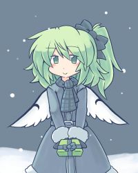 Rule 34 | 1girl, 216, :&gt;, alternate costume, belt, blue background, blush, bow, box, coat, commentary request, daiyousei, fairy wings, snowing, gift, gift box, giving, green eyes, green hair, hair bow, looking at viewer, scarf, short hair, side ponytail, simple background, smile, snow, solo, touhou, wings, winter clothes