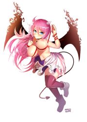 Rule 34 | 1girl, ahoge, arm ribbon, bad id, bad pixiv id, bat wings, bell, blue eyes, blush, boots, bow, braid, breasts, cleavage, closed mouth, deep skin, demon girl, demon tail, eyebrows, female focus, full body, hair between eyes, highres, horns, knee boots, large breasts, long hair, navel, nipples, original, pink hair, ratio (ratio-d), red bow, red ribbon, ribbon, simple background, skirt, smile, solo, tail, thighhighs, topless, very long hair, white background, wings, wrist cuffs