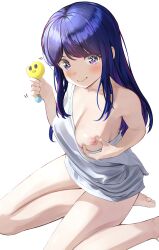 Rule 34 | 1girl, absurdres, barefoot, blue eyes, blush, breasts, closed mouth, collarbone, commentary request, feet out of frame, highres, holding, hoshino ai (oshi no ko), large breasts, long hair, looking at viewer, multicolored eyes, multicolored hair, nipples, orodji (shinorozi), oshi no ko, pieyon, pink eyes, pink hair, purple eyes, shirt, sidelocks, simple background, single bare shoulder, sitting, smile, solo, star-shaped pupils, star (symbol), streaked hair, swept bangs, symbol-shaped pupils, white background, white shirt, yokozuwari