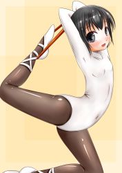 Rule 34 | 1girl, :d, arched back, armpits, arms behind head, ballerina, ballet, ballet slippers, black eyes, black hair, black pantyhose, covered navel, cross-laced footwear, flat chest, flexible, from side, full body, kneeling, leg up, leotard, looking at viewer, nezumi (nezuminosippo), open mouth, original, pantyhose, plantar flexion, shiny clothes, short hair, simple background, smile, solo, spread legs, stretching, turtleneck, yellow background