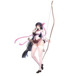 Rule 34 | 1girl, arrow (projectile), black hair, book, bow (weapon), breasts, full body, game cg, garter straps, hair ribbon, highres, hime cut, holding, holding bow (weapon), holding weapon, large breasts, last origin, loafers, long hair, looking at viewer, low-tied long hair, official art, pleated skirt, quiver, ribbon, school uniform, shirayuri (last origin), shoes, skirt, smile, solo, tachi-e, thighhighs, transparent background, very long hair, weapon, white thighhighs
