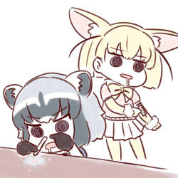 Rule 34 | 10s, 2girls, @ @, animal ears, batta (ijigen debris), black eyes, blonde hair, commentary request, common raccoon (kemono friends), drooling, drugs, fennec (kemono friends), fox ears, gloves, grey hair, injection, kemono friends, multiple girls, neck ribbon, open mouth, parted lips, pink shirt, pleated skirt, raccoon ears, ribbon, ringed eyes, shirt, short hair, simple background, skirt, snorting, standing, syringe, white background, yellow ribbon