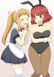 Rule 34 | 2girls, alternate costume, animal ears, apron, arms under breasts, bare arms, bare shoulders, black leotard, blonde hair, blue shirt, blue skirt, blush, bow, bowtie, brown legwear, closed eyes, collarbone, commentary request, cropped legs, crossed arms, detached collar, embarrassed, enmaided, facing another, fake animal ears, fingernails, fingers together, gradient background, heart, highres, inose mai, karigane yuuma, knees together feet apart, koisuru asteroid, leotard, long hair, looking at another, maid, maid apron, maid headdress, multiple girls, open mouth, pantyhose, playboy bunny, ponytail, purple background, rabbit ears, red eyes, red neckwear, sakurai mikage, shirt, short sleeves, skirt, standing, thighhighs, very long hair, white legwear