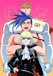 Rule 34 | 3boys, androgynous, belt, black gloves, blonde hair, blue eyes, blue hair, commentary request, crossed arms, frown, galo thymos, gloves, gradient background, green hair, hage tashuumi, half-closed eyes, height difference, highres, kray foresight, lio fotia, male focus, medium hair, multiple boys, muscular, muscular male, open mouth, pink background, promare, purple eyes, smile, white gloves, yellow eyes