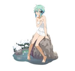 Rule 34 | 1girl, barefoot, blue eyes, blue hair, breasts, cleavage, collarbone, feet, full body, hair between eyes, hair ornament, hairclip, looking at viewer, naked towel, parted lips, short hair with long locks, sidelocks, simple background, sinon, sitting, small breasts, snow, solo, sword art online, toes, towel, water, wet, white background, white towel