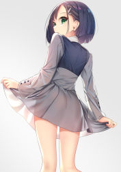 Rule 34 | 10s, 1girl, blue hair, commentary request, darling in the franxx, green eyes, grey background, grey shirt, grey skirt, hair ornament, highres, ichigo (darling in the franxx), long sleeves, looking at viewer, looking back, no panties, parted lips, see-through, shirt, short hair, simple background, skirt, skirt hold, solo, yan (nicknikg)