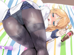 Rule 34 | 1girl, ahegao, ass, ass focus, bed, black pantyhose, blonde hair, blue eyes, blue panties, blush, braid, cameltoe, covered erect nipples, facing away, female ejaculation, female ejaculation through clothes, hair between eyes, highres, hitachi magic wand, indie virtual youtuber, jacket, legs together, long hair, looking at viewer, open mouth, panties, panties under pantyhose, pantyhose, plaid, pussy juice, sex toy, solo, tenshouin hiina, top-down bottom-up, underwear, user aspd7224, vibrator, virtual youtuber, wet, white jacket