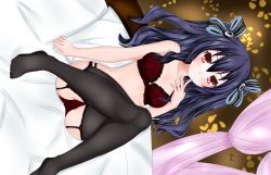 Rule 34 | bare shoulders, black hair, breasts, highres, lingerie, long hair, neptune (series), panties, red eyes, shaah candidate, small breasts, smile, thighs, tsundere, twintails, two side up, underwear, uni (neptunia)