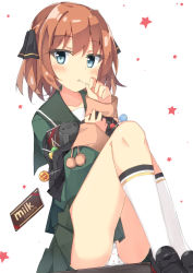 Rule 34 | 1girl, bag, beritabo, black footwear, black ribbon, blue eyes, blush, brown hair, candy, chocolate, chocolate bar, commentary request, food, food in mouth, green sailor collar, green serafuku, green shirt, green skirt, hachijou (kancolle), hair between eyes, hair ribbon, holding, holding candy, holding food, holding lollipop, kantai collection, kneehighs, loafers, lollipop, long hair, long sleeves, looking at viewer, panties, parted lips, pleated skirt, ribbon, sailor collar, school bag, school uniform, serafuku, shirt, shoes, simple background, sitting, skirt, sleeves past wrists, socks, solo, star (symbol), underwear, white background, white panties, white socks