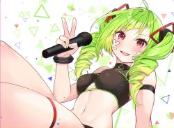 Rule 34 | 1girl, :d, ahoge, arm strap, bandaid, bandaid on cheek, bandaid on face, bare shoulders, black shirt, bracelet, breasts, cleavage, crop top, delutaya, drill hair, duplicate, fang, green hair, hair ornament, highres, holding, hoshi usagi, indie virtual youtuber, jewelry, long hair, looking at viewer, microphone, midriff, navel, open mouth, pixel-perfect duplicate, red eyes, shirt, skindentation, sleeveless, sleeveless shirt, small breasts, smile, solo, stomach, thigh strap, thighs, twin drills, twintails, v, virtual youtuber