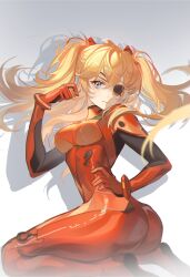 Rule 34 | 1girl, ass, blue eyes, bodysuit, breasts, closed mouth, eyepatch, hair between eyes, hand in own hair, hand on own stomach, highres, huge ass, long hair, looking at viewer, medium breasts, neon genesis evangelion, orange hair, pilot suit, plugsuit, qiu xiong ji e, rebuild of evangelion, red bodysuit, shadow, simple background, solo, souryuu asuka langley, tight clothes, twintails, white background, wide hips