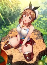 Rule 34 | 1girl, atelier (series), atelier ryza, atelier ryza 1, breasts, brown eyes, brown hair, brown thighhighs, cleavage, commentary request, from above, full body, hat, highres, jewelry, looking at viewer, mikomiko (mikomikosu), necklace, red shorts, reisalin stout, short hair, short shorts, shorts, sitting, solo, thighhighs, thighs, white hat, white thighhighs