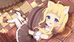 Rule 34 | 1girl, :d, ahoge, animal ears, bare shoulders, blonde hair, blue eyes, blurry, blush, bokeh, boots, braid, brown footwear, brown skirt, cat ears, cat girl, character request, colored inner hair, commission, copyright request, depth of field, dot nose, fang, food, frilled skirt, frills, from above, highres, holding, holding food, knees together feet apart, long hair, looking at viewer, macaron, multicolored hair, hugging object, off-shoulder shirt, off shoulder, open mouth, oversized food, oversized object, pink hair, pleated skirt, shirt, short bangs, short sleeves, sidelocks, skeb commission, skin fang, skirt, smile, solo, straight hair, thigh strap, thighhighs, tyakomes, white shirt, white thighhighs