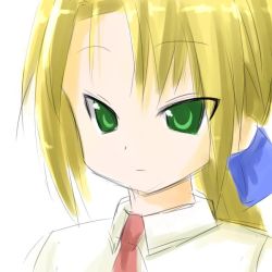Rule 34 | 00s, 1girl, blonde hair, blue bow, bow, collared shirt, green eyes, hair bow, kuroi nanako, long hair, looking at viewer, lucky star, necktie, ponytail, red necktie, ribbon, shirt, simple background, sketch, solo, tagme, teacher, upper body, white background, white shirt