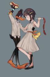 Rule 34 | 1boy, 1girl, anger vein, black footwear, black hair, blush, crossover, daffy duck, dancing, food, fork, furry, furry male, highres, himuhino, holding, holding fork, hololive, hot dog, linked sausages, looney tunes, oozora subaru, sausage, shoes, short hair, virtual youtuber, webbed feet
