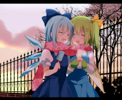 Rule 34 | 2girls, blue hair, blush, cirno, cup, daiyousei, closed eyes, food, fujishiro emyu, green hair, hair ornament, hairpin, letterboxed, long hair, mittens, mug, multiple girls, open mouth, popsicle, scarf, shared clothes, shared scarf, short hair, side ponytail, smile, touhou, wings, yuri