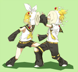 Rule 34 | 1boy, 1girl, 2011, arm warmers, belt, birthday, black shorts, blonde hair, bow, brother and sister, cake, food, food on face, fruit, full body, green background, hair bow, hairband, headphones, in the face, kagamine len, kagamine rin, leg warmers, legs apart, necktie, pie in face, plate, ponytail, prank, rindo8 (rindo7), sailor collar, shirt, short hair, short sleeves, shorts, siblings, simple background, sleeveless, sleeveless shirt, standing, strawberry, twins, vocaloid, white bow, white shirt, yellow necktie