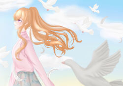 Rule 34 | 1girl, bird, blue sky, blush, closed mouth, cloud, cloudy sky, d4dj, dove, facing to the side, feathers, green skirt, high ponytail, highres, kase mana, long hair, long sleeves, looking ahead, orange hair, pink shirt, purple eyes, shirt, skirt, sky, smile, solo, wbr komet, dove, white feathers