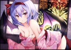 Rule 34 | 1girl, all fours, alternate costume, ass, bare shoulders, bat wings, blue hair, blush, breasts, collarbone, commentary request, covering privates, covering breasts, fireworks, floral print, hair between eyes, hair ribbon, hairband, highres, hyurasan, japanese clothes, kimono, medium breasts, night, night sky, no headwear, no headwear, off shoulder, parted lips, pink kimono, red eyes, red hairband, red ribbon, remilia scarlet, ribbon, short hair, sky, solo, touhou, wings, yukata