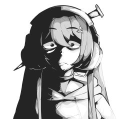 Rule 34 | 1girl, absurdres, choker, collarbone, commentary, english commentary, frown, greyscale, headphones, highres, hood, hoodie, long hair, looking at viewer, meme, mika melatika, monochrome, nail, nail hair ornament, nijisanji, nijisanji id, portrait, solo, straight-on, unfamousradish, virtual youtuber, white background, wide-eyed