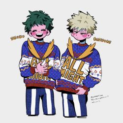 Rule 34 | 2boys, anna (aannnaa3), bakugou katsuki, blonde hair, blue pants, blue sweater, blush, boku no hero academia, character name, character print, closed mouth, colored skin, commentary, cropped legs, facing viewer, freckles, green hair, grey background, happy, highres, long sleeves, male focus, midoriya izuku, multiple boys, open mouth, pants, pink skin, print sweater, red eyes, romaji text, short hair, simple background, smile, spiked hair, standing, sweater