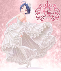 Rule 34 | 1girl, blue hair, breasts, bridal veil, bride, character name, clothes lift, dress, dress lift, elbow gloves, frills, garter belt, gathers, gloves, hair ornament, happy birthday, high heels, highres, idolmaster, idolmaster (classic), jewelry, long hair, md5 mismatch, miura azusa, necklace, outsider 0, pearl necklace, petticoat, shoes, short hair, solo, sparkle, thighhighs, upskirt, veil, wedding dress, white gloves, white thighhighs