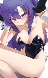 1girl absurdres alternate_costume bare_shoulders black_leotard blue_archive blue_necktie breasts cleavage closed_mouth commentary fake_tail highleg highleg_leotard highres large_breasts leotard long_hair looking_at_viewer mcbox necktie playboy_bunny purple_eyes purple_hair rabbit_tail simple_background solo tail thighs two_side_up white_background wrist_cuffs yuuka_(blue_archive)