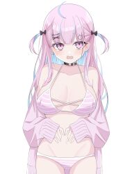 Rule 34 | 1girl, ahoge, bare shoulders, bikini, black bow, black choker, blue hair, blush, bow, breasts, cardigan, cat hair ornament, choker, collarbone, commentary, dreamoon, earrings, hair bow, hair ornament, hairclip, heart, heart earrings, highres, hololive, jewelry, light blue hair, long sleeves, looking at viewer, medium breasts, medium hair, minato aqua, multicolored hair, navel, o-ring, o-ring choker, open cardigan, open clothes, open mouth, pink bikini, pink cardigan, pink eyes, pink hair, pink theme, simple background, single earring, sleeves past wrists, solo, stomach, streaked hair, striped bikini, striped clothes, swimsuit, tearing up, thighs, two-tone hair, two side up, virtual youtuber, white background, x hair ornament