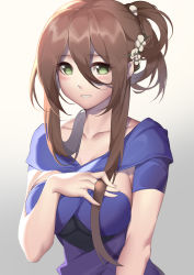Rule 34 | 1girl, absurdres, blue dress, blush, breast hold, breasts, brown hair, collarbone, dress, flower, girls&#039; frontline, green eyes, hair flower, hair ornament, henz, highres, large breasts, long hair, looking at viewer, official alternate costume, open mouth, simple background, solo, springfield (girls&#039; frontline), springfield (queen in radiance) (girls&#039; frontline), truth
