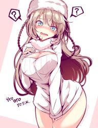 Rule 34 | 1girl, ?, bad id, bad twitter id, blue eyes, blush, braid, breasts, brown hair, cleavage, cleavage cutout, clothes tug, clothing cutout, copyright request, curvy, fur hat, haruka natsuki, hat, jpeg artifacts, large breasts, leaning forward, long hair, looking at viewer, meme attire, naked sweater, open-chest sweater, open mouth, smile, solo, standing, sweater, sweater tug, tears, thick thighs, thighs, twin braids, wide hips