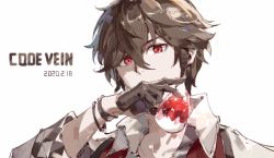 Rule 34 | 1boy, black gloves, black hair, bracelet, code vein, dated, gloves, hair between eyes, half gloves, holding, jewelry, loladestiny, male focus, red eyes, simple background, sleeves rolled up, solo, white background