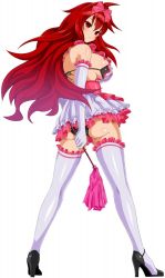 Rule 34 | 1girl, ass, black panties, breasts, cle masahiro, dress, duster, elbow gloves, frilled thighhighs, frills, full body, gloves, high heels, holding, kisaragi setsuna, large breasts, long hair, looking at viewer, looking back, microdress, official art, panties, pumps, red eyes, red hair, simple background, solo, thighhighs, underwear, valkyrie drive, valkyrie drive -siren-, white background, white gloves