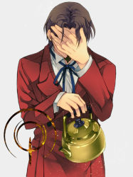 Rule 34 | 1boy, brown hair, command spell, covering privates, covering face, facepalm, facial hair, fate/stay night, fate/zero, fate (series), formal, goatee, kettle, male focus, nishi juuji, short hair, simple background, solo, suit, tea kettle, tohsaka tokiomi