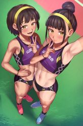 Rule 34 | 2girls, :d, absurdres, arm up, armpits, bikini, bikini tan, black bikini, blush, breasts, brown hair, day, fang, foreshortening, from above, grass, hair bun, hairband, hand up, highres, looking at viewer, multicolored bikini, multicolored clothes, multiple girls, navel, open mouth, original, outdoors, purple bikini, running track, shoes, short hair, side-by-side, sidelocks, single hair bun, small breasts, smile, sneakers, sports bikini, standing, swimsuit, tan, tanline, toin (iitoin), track and field, track uniform, v, wristband, yellow eyes, yellow hairband
