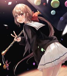 Rule 34 | 1girl, :d, absurdres, black sweater, blush, bow, brown hair, commentary request, hair bow, highres, holding, koto (kyousougiga), kyousougiga, leaning forward, long hair, long sleeves, looking at viewer, looking back, low ponytail, nail polish, open mouth, pleated skirt, ponytail, red bow, red nails, sailor collar, school uniform, serafuku, skirt, sleeves past wrists, smile, solo, soranagi yuki, sweater, v, very long hair, white sailor collar, white skirt