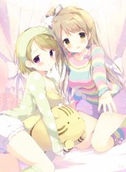 Rule 34 | 10s, 2girls, :d, blonde hair, blush, breasts, brown hair, cardigan, cleavage, kneeling, koizumi hanayo, long hair, looking at viewer, looking back, love live!, love live! school idol festival, love live! school idol project, minami kotori, multicolored stripes, multiple girls, one side up, open cardigan, open clothes, open mouth, outstretched arm, outstretched hand, polka dot, purple eyes, shiratama (shiratamaco), shirt, short hair, shorts, side ponytail, smile, socks, striped clothes, striped legwear, striped shirt, striped socks, stuffed animal, stuffed toy, yellow eyes