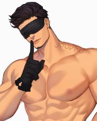 Rule 34 | 1boy, abs, artist name, beard, black gloves, blindfold, brown hair, character request, closed mouth, commentary, commission, copyright request, covered eyes, english commentary, facial hair, facing viewer, gloves, highres, jouvru, male focus, muscular, nipples, pectorals, topless male, simple background, solo, symbol-only commentary, toned, upper body, watermark, white background
