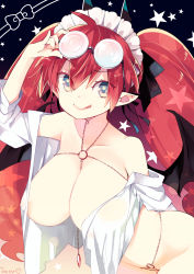 Rule 34 | 1girl, :q, ahoge, black ribbon, blush, breasts, coke-bottle glasses, collarbone, commentary request, covered erect nipples, crystal, demon wings, eyewear on head, glasses, hair ribbon, highres, horns, large breasts, lips, long hair, looking at viewer, maid headdress, o-ring, off shoulder, open clothes, open shirt, original, pointy ears, red hair, ribbon, shirt, smile, solo, star (symbol), star in eye, symbol in eye, tongue, tongue out, twintails, white shirt, wings, yuzuki gao