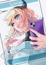 Rule 34 | 1girl, :3, absurdres, bare shoulders, blonde hair, blue eyes, blue sweater, cellphone, commentary, demon horns, earrings, fake horns, highres, holding, holding phone, horns, jewelry, long sleeves, looking at viewer, mem-cho, multicolored hair, multiple rings, nail polish, nyapon, off-shoulder sweater, off shoulder, oshi no ko, parted bangs, parted lips, phone, pink nails, pointing, pointing at self, ring, roots (hair), selfie, short hair, smartphone, smartphone case, solo, sweater, swept bangs, upper body