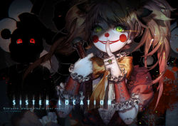 Rule 34 | artist name, circus baby (fnaf), ballora (fnaf), black bow, blonde hair, blood, blood splatter, bow, clown mask, copyright name, doll joints, english text, finger to mouth, five nights at freddy&#039;s, five nights at freddy&#039;s: sister location, frills, funtime foxy, funtime freddy, glint, gloves, green eyes, grin, hair bow, holding, holding microphone, jewelry, joints, kawacy, long hair, mask, microphone, red eyes, ring, smile, solo, twintails, white gloves, wrist cuffs, yellow bow